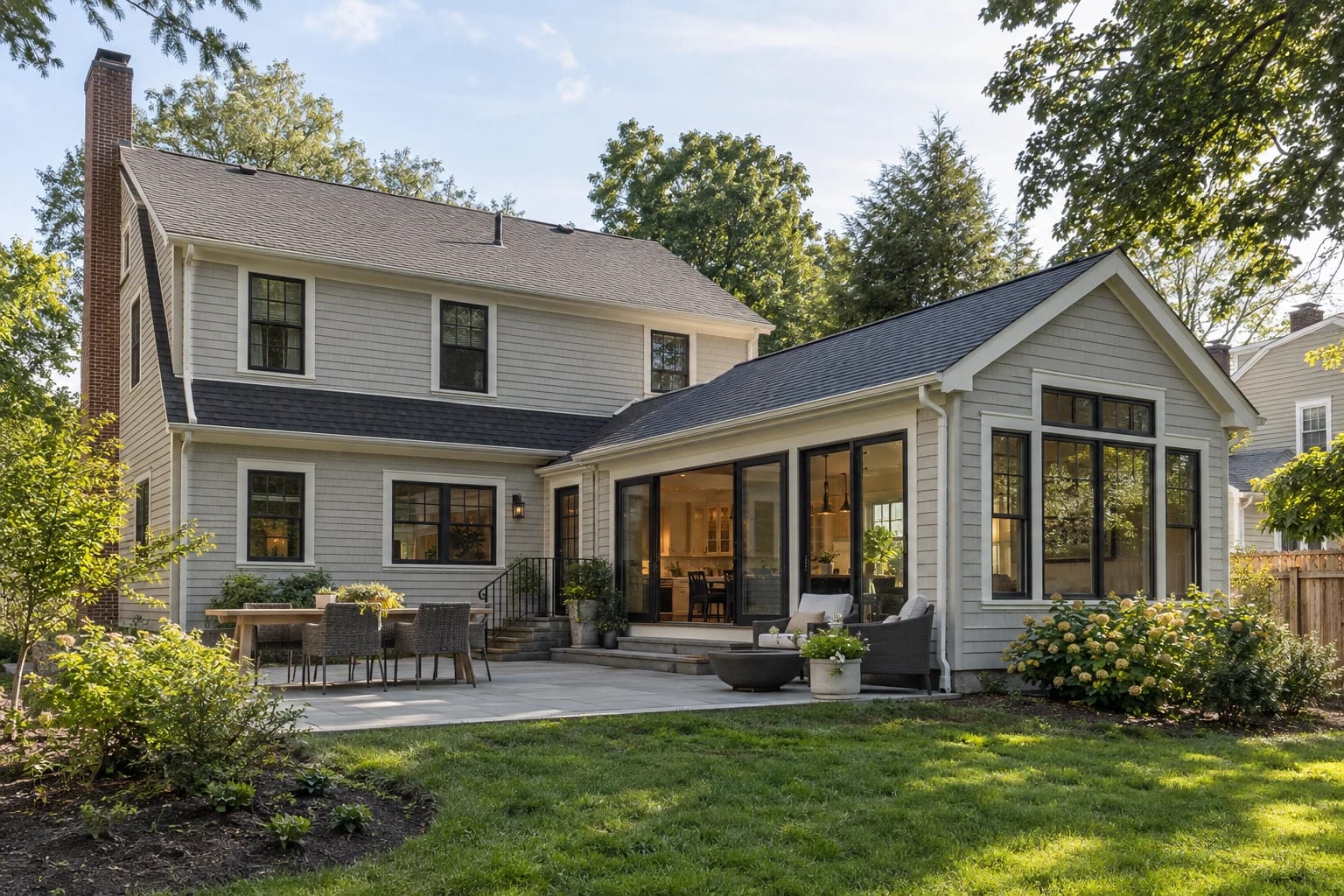 Completed rear addition integrated with an existing two-story home