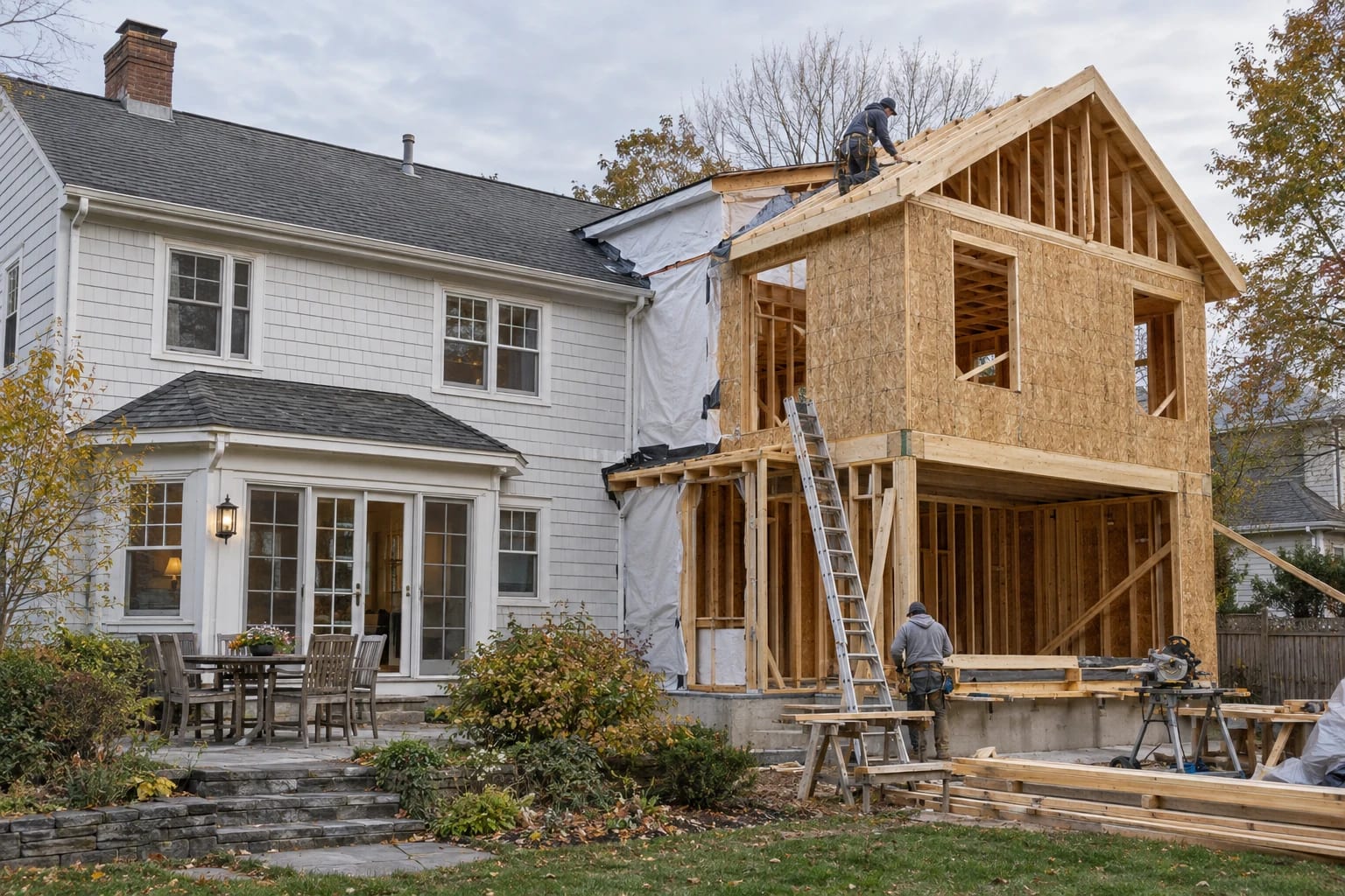 Wood-framed rooms under construction beside a two-story home