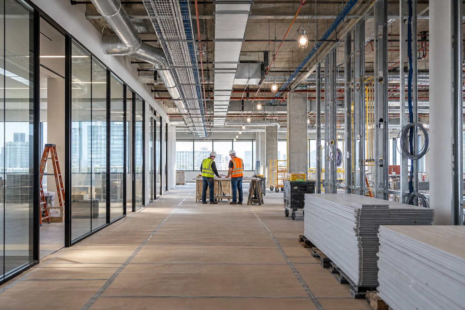 Representative commercial office build-out with framed partitions, exposed services, and workers coordinating construction
