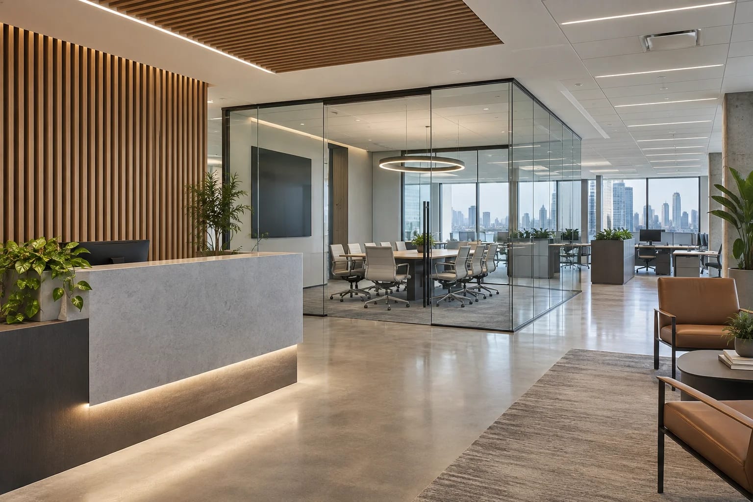 Representative finished commercial office with a reception desk and glass conference room