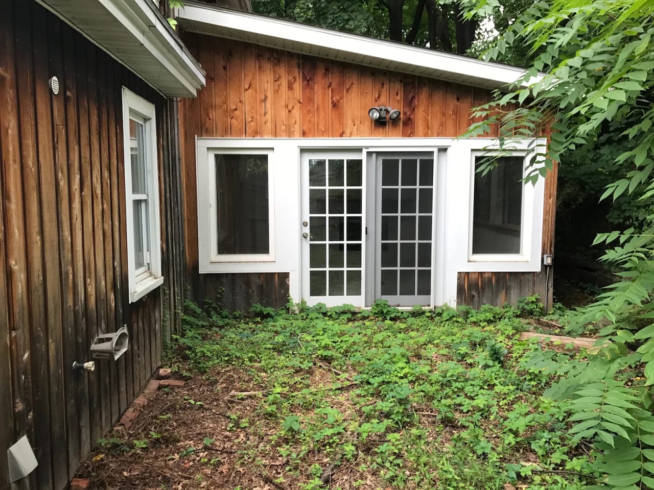 Glazed exterior-door wing with wood siding and overgrown ground