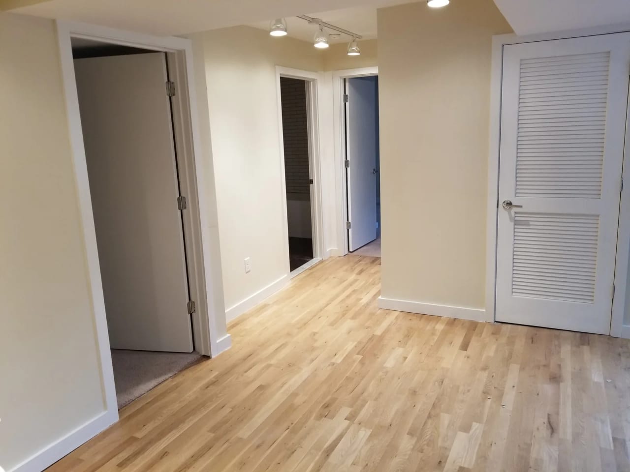 Renovated hall with wood flooring, doorways, and closet openings