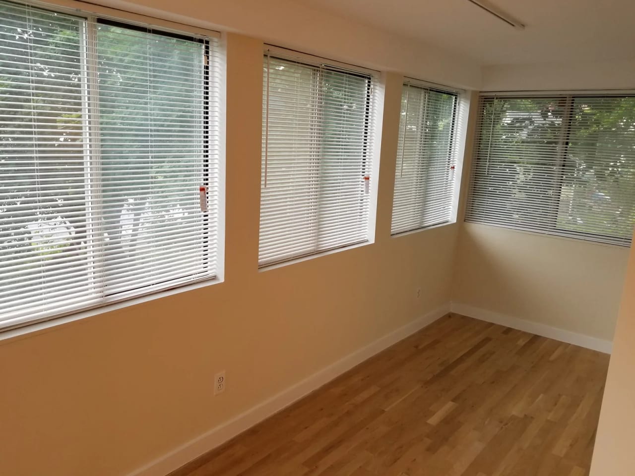 Windowed room with blinds and wood flooring